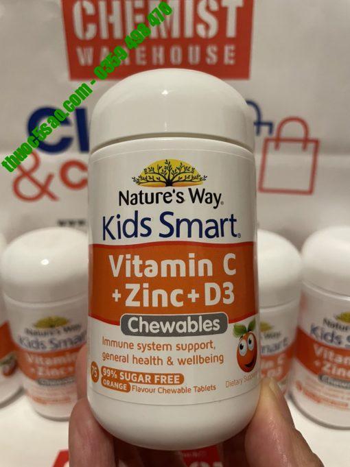 Kids Smart Vitamin C + Zinc + D3 bổ sung vitamin và khoáng chất cho bé lọ 75 viên
